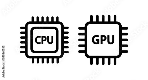 Computer hardware icons for central processing unit cpu and graphics processing unit gpu representing computing power and semiconductor technology design