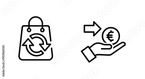 Online shopping refund and payment icons featuring a shopping bag with exchange arrows and a hand receiving a euro coin for financial transactions and sale