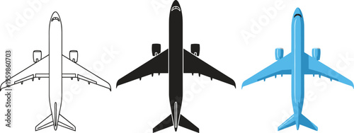 Commercial airplane top view vector illustration set, passenger jet aircraft outline, black silhouette and blue plane isolated on white background