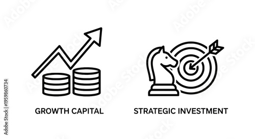 Growth capital and strategic investment icons: financial success, business strategy, and planning vector, upward arrow