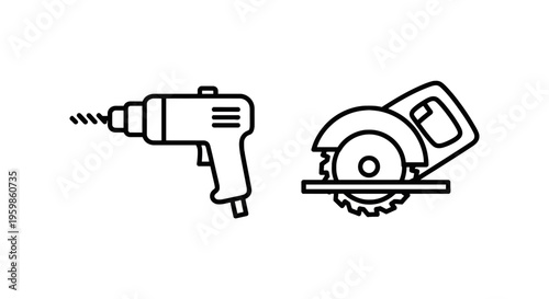 Power tools icon set: drill and circular saw for construction, diy, and home improvement projects, white background