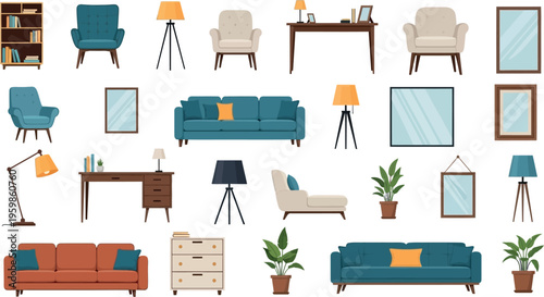 Modern home furniture and decor collection featuring sofas, armchairs, lamps, desks, and plants, isolated on a clean white background.