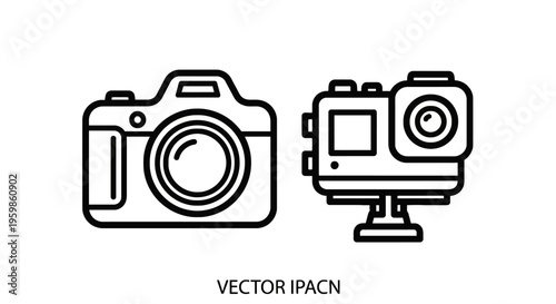 Dslr and action camera line icons. professional photography, recording, sports, and adventure filming devices vector, video camera