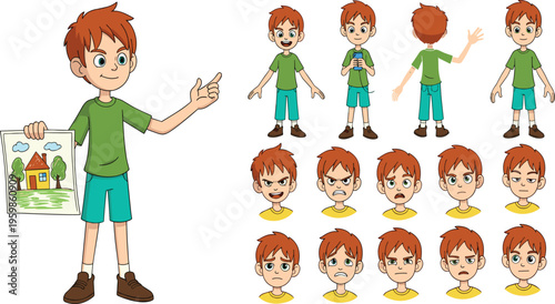 Cartoon Red Hair Boy Character Set with Full Body Poses and Multiple Facial Expressions for Animation, Kids Avatar, and Vector Illustration Design.