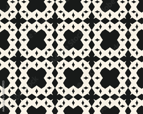 Abstract geometric pattern with black and white symmetric shapes forming repeatable tile design for modern textile decoration and elegant interior backdrop
