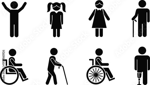 Disability and diversity icon set with people in wheelchairs, using canes, and prosthetic limbs, black vector silhouettes isolated on white background.