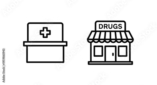 Pharmacy drugs store and medical kit outline icons for health care and pharmaceutical business with drug store