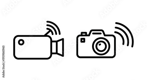 Wireless camera and photo camera outline icons for remote streaming & photography with video camera