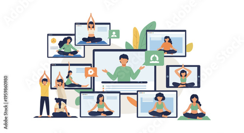 Virtual Yoga Class: Online instructor teaching fitness and meditation to remote students via screens. E-learning wellness concept illustration.