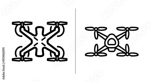 Modern drone quadcopter outline icons for aerial photography, delivery & surveillance, unmanned aerial vehicle