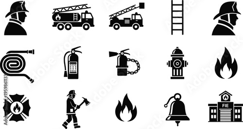 Firefighter and fire safety icon set, emergency equipment symbols including ladder truck, extinguisher, hydrant, hose, alarm bell, flame silhouettes