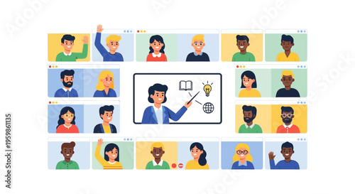 Virtual Classroom Online Education. Female Teacher Leading Remote Video Conference Lesson with Diverse Students. E-learning Webinar Training.