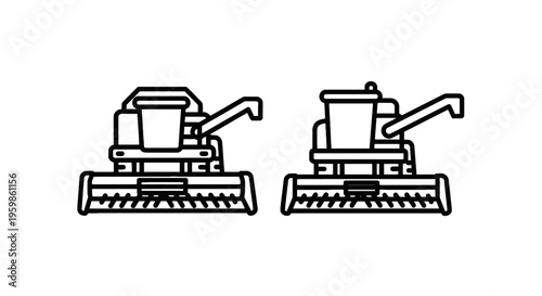 Agricultural combine harvester line icons depicting heavy machinery for grain harvesting farming industry and agricultural production equipment
