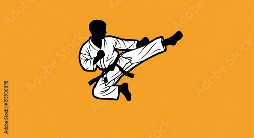 Karate Master Mid-Air Kick Silhouette on Orange Background.