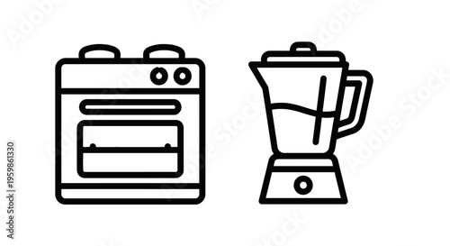 Kitchen appliance icons: modern oven and blender line art for cooking, food preparation, and home use, black white