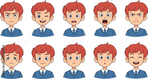 Cartoon Red Hair Boy Face Expression Set with Various Emotions Including Happy, Angry, Sad, Surprised, and Cute Kid Avatar Vector Illustration Collection.