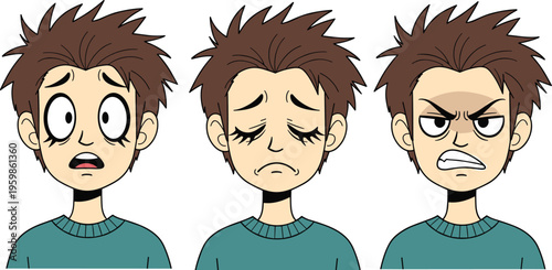 Cartoon Teen Boy Face Expression Set with Scared, Sad, and Angry Emotions for Character Design, Avatar Creation, and Vector Illustration Collection.