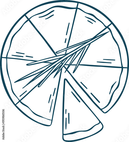 Camembert cheese with rosemary, simple vector icon in doodle and sketch style with Mediterranean blue line. Hand-drawn soft cheese with herb garnish for menus or food branding