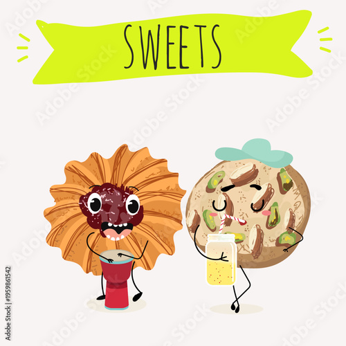 Funny Characters Kurabiye, Kurabie, Ghorayeba, Qurabiya, dessert, hand drawn vector illustration.