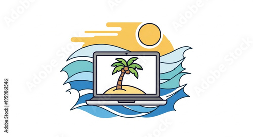 Laptop on a Beach Island - Digital Nomad Lifestyle Concept.