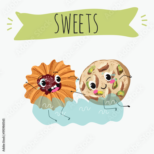 Funny Characters Kurabiye, Kurabie, Ghorayeba, Qurabiya, dessert, hand drawn vector illustration.