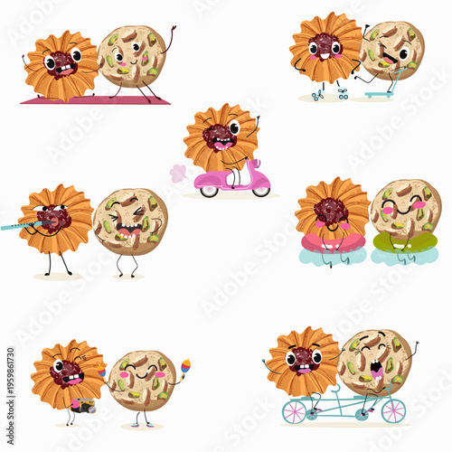 Funny Characters Kurabiye, Kurabie, Ghorayeba, Qurabiya, dessert, hand drawn vector illustration.