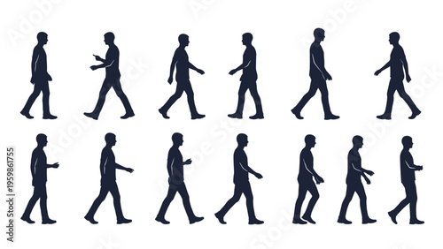 Sequence of a male silhouette walking in twelve different positions showing a complete step cycle on a white background.