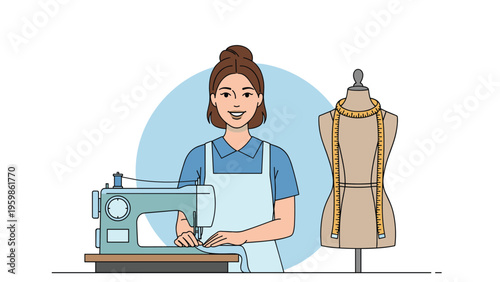 Happy young seamstress working at her sewing machine with a fashion mannequin and tape measure in a creative studio.