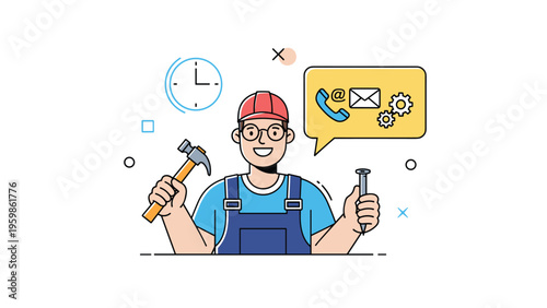 Smiling repairman in blue overalls holding a hammer and nail with communication icons representing maintenance services.
