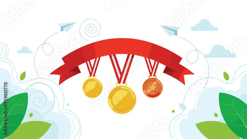 Three gold and bronze medals hanging from a large red ribbon banner signifying sports victory and championship ranking.