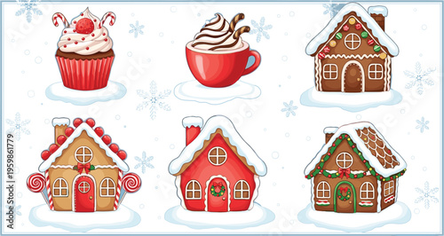 Christmas gingerbread houses and desserts set with festive sweets hot cocoa cupcake and winter holiday vector illustration collection