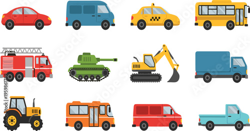 Cartoon Vehicle Collection Vector Set with Car, Taxi, Bus, Fire Truck, Excavator, Tractor, Tank, and Delivery Transport Icons for Transportation Design.