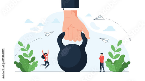 Giant hand lifting a heavy black kettlebell with small people watching representing strength power and fitness challenge.