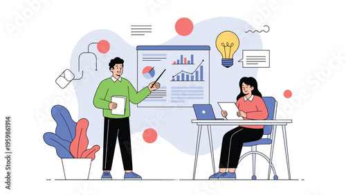 Business presentation meeting with a man pointing to charts on a board and a woman working on a laptop in an office.