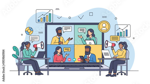 Remote team working together via a video conference call on a large laptop screen with modern digital office elements.