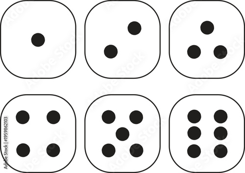Set of dice faces showing numbers from one to six, black dots on white