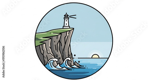Lighthouse on Cliff with Ocean Waves and Rising Sun Illustration.