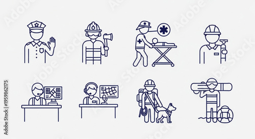 Line Art Icons Depicting Essential Public Service Professions.