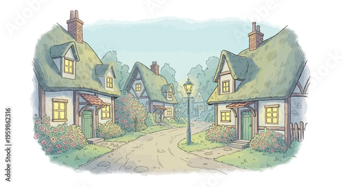 Charming Storybook Village Street with Quaint Cottages and Blooming Roses