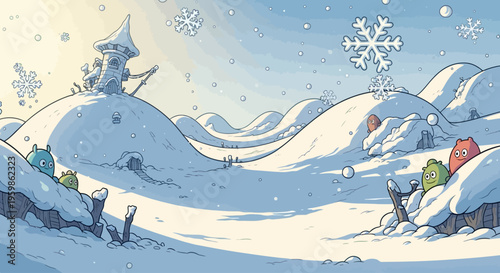 Whimsical cartoon winter landscape with a fantasy tower and cute creatures