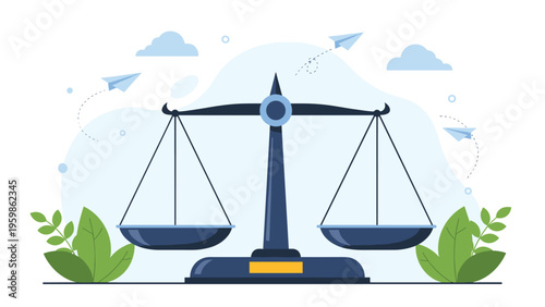 Balanced scales of justice icon set against a light blue sky background with clouds, paper airplanes, and green leaves in a flat design style.