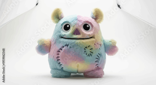 Cute fluffy pastel monster plush toy with stitched details isolated on white background