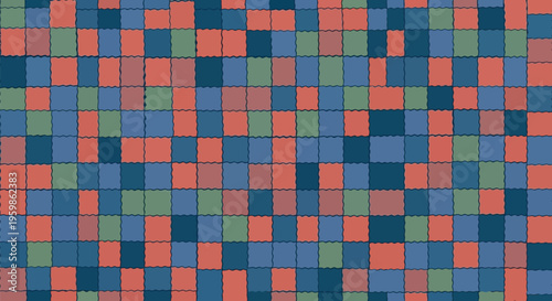 A vibrant checkerboard pattern composed of small, wavy-edged squares in shades of red, blue, and green, creating an energetic and playful visual texture