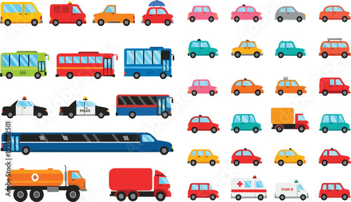 Cartoon Vehicle Collection Vector Set with Cars, Buses, Trucks, Police Car, Ambulance, Taxi, and Transport Icons for Traffic and Transportation Design.