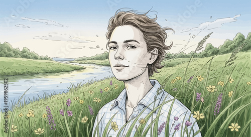 Young person portrait in a serene riverside meadow illustration.