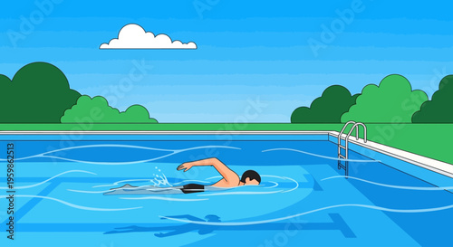 Man swimming in an outdoor pool on a sunny day.