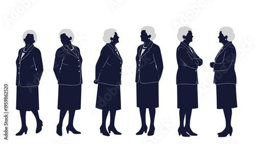 Silhouette sequence of an elderly woman in various standing and profile positions isolated on a white background for animation or layout design.