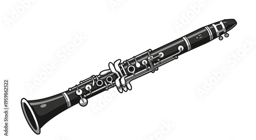 Close-up illustration of a black clarinet on a white background.