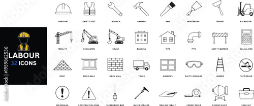Set of construction and labour icons with worker illustration