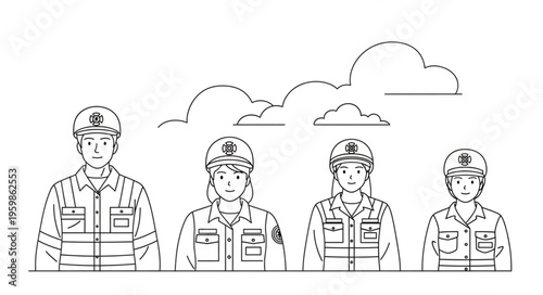 Line Art Illustration of Four Construction Workers with Clouds.